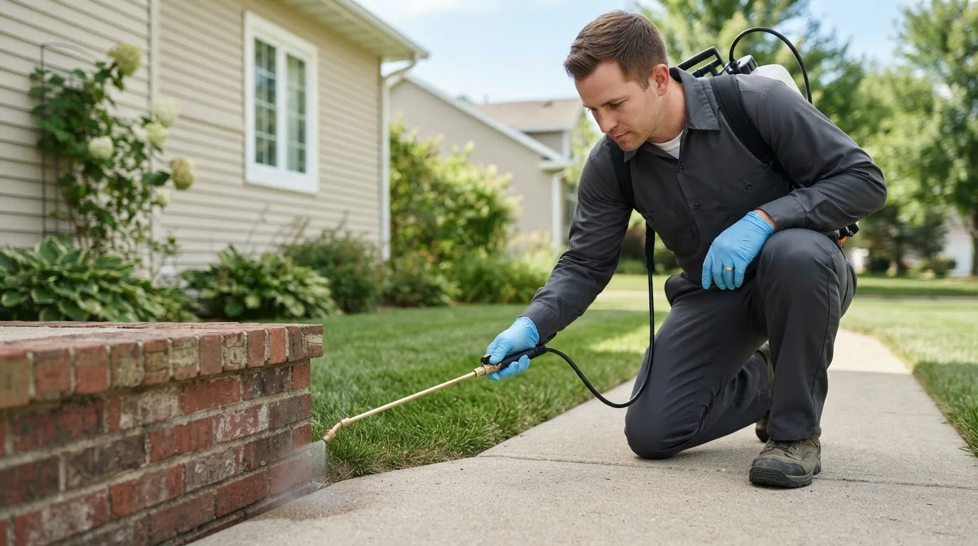 Pest control technician treating a home near Rockton, IL
